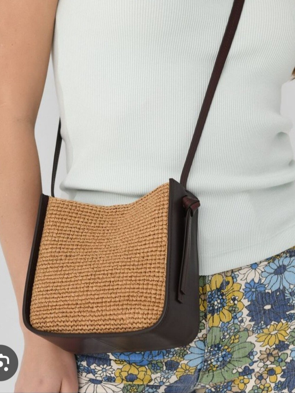 Loeffler Randall Woven Straw and Dark Brown Leather Crossbody Bag